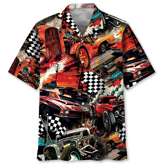 Retro Drag Racing Red Hawaiian Shirt For Racing Fans, Summer Outings, And Relaxed Vacation Wear