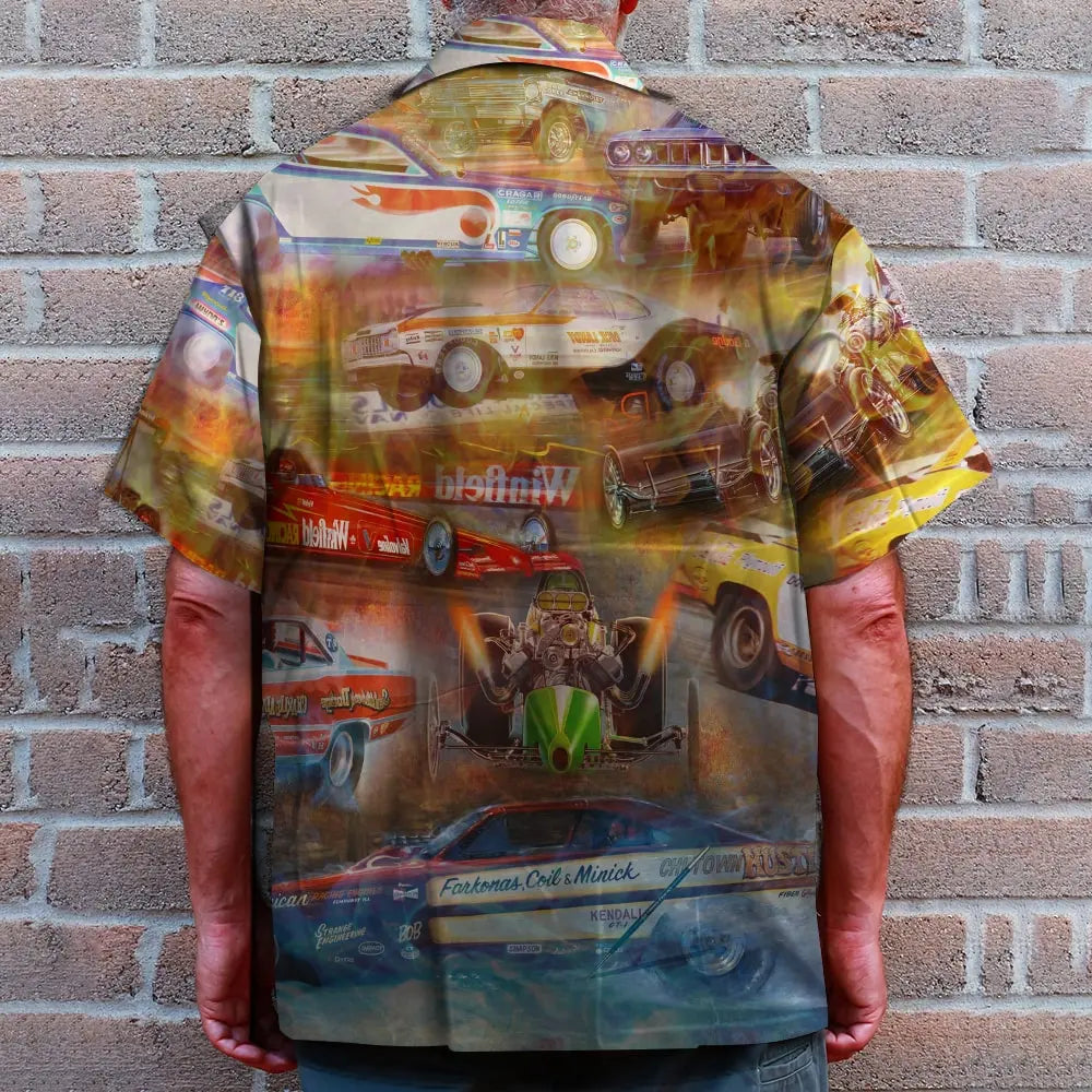 Island Summer Drag Racing Aloha Car Pattern Hawaiian Shirt For Summer Vacation, Beach Travel, And Casual Wear