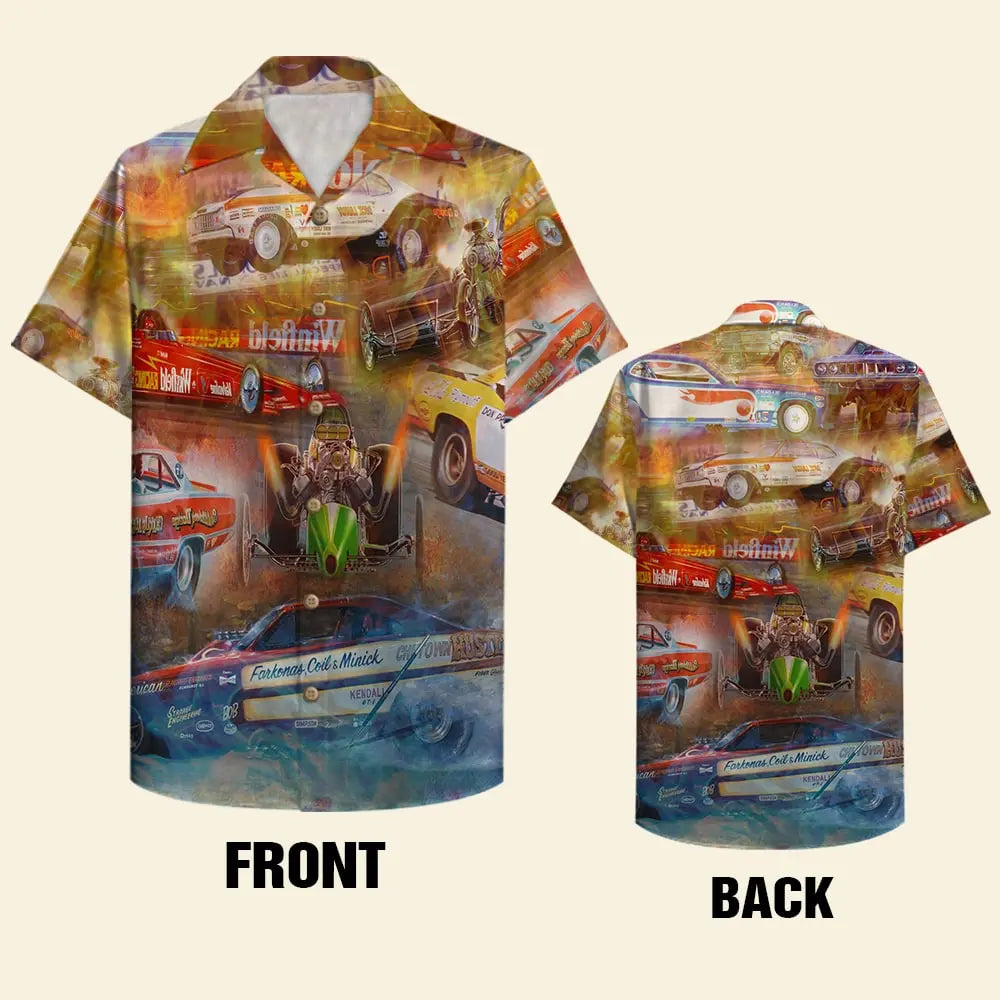 Island Summer Drag Racing Aloha Car Pattern Hawaiian Shirt For Summer Vacation, Beach Travel, And Casual Wear