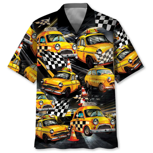 Drag Racing Yellow Taxi Car Hawaiian Shirt For Racing Fans, Summer Outings, And Relaxed Vacation Wear