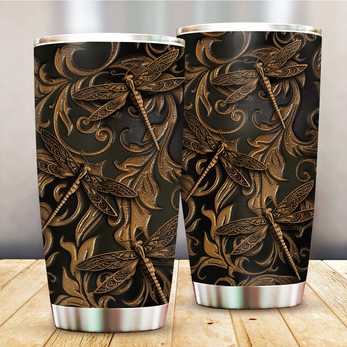 Dragonfly Wood Black With Bronze 20 Oz Tumbler For Coffee Travel And Daily Drinks