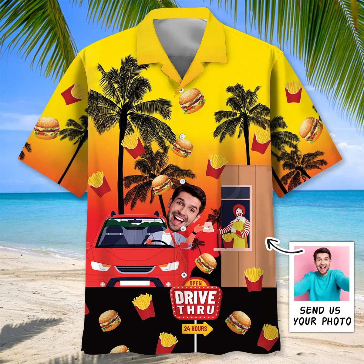 Drive Thru Fast Food Restaurant Personalized Photo Hawaiian Shirt For Summer Vacation, Beach Travel, And Casual Wear