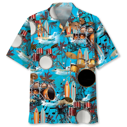 Drum Beach Hawaiian Shirt For Coastal Travel, Casual Events, And Comfortable Summer Wear