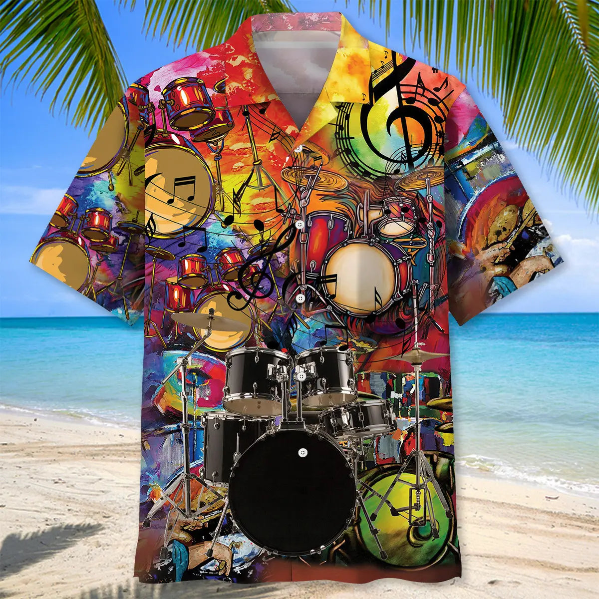 Colorful Drum Hawaiian Shirt For Resort Trips, Coastal Parties, And Warm Weather Style