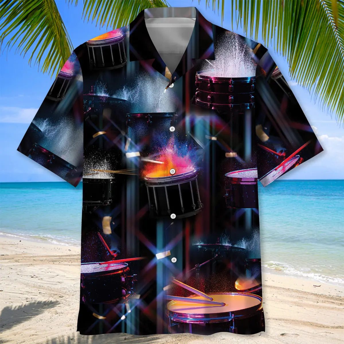 Colorful Drum Hawaiian Shirt For Resort Trips, Coastal Parties, And Warm Weather Style