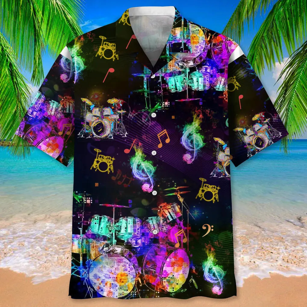 Colorful Drum Hawaiian Shirt For Tropical Holidays, Outdoor Gatherings, And Everyday Comfort