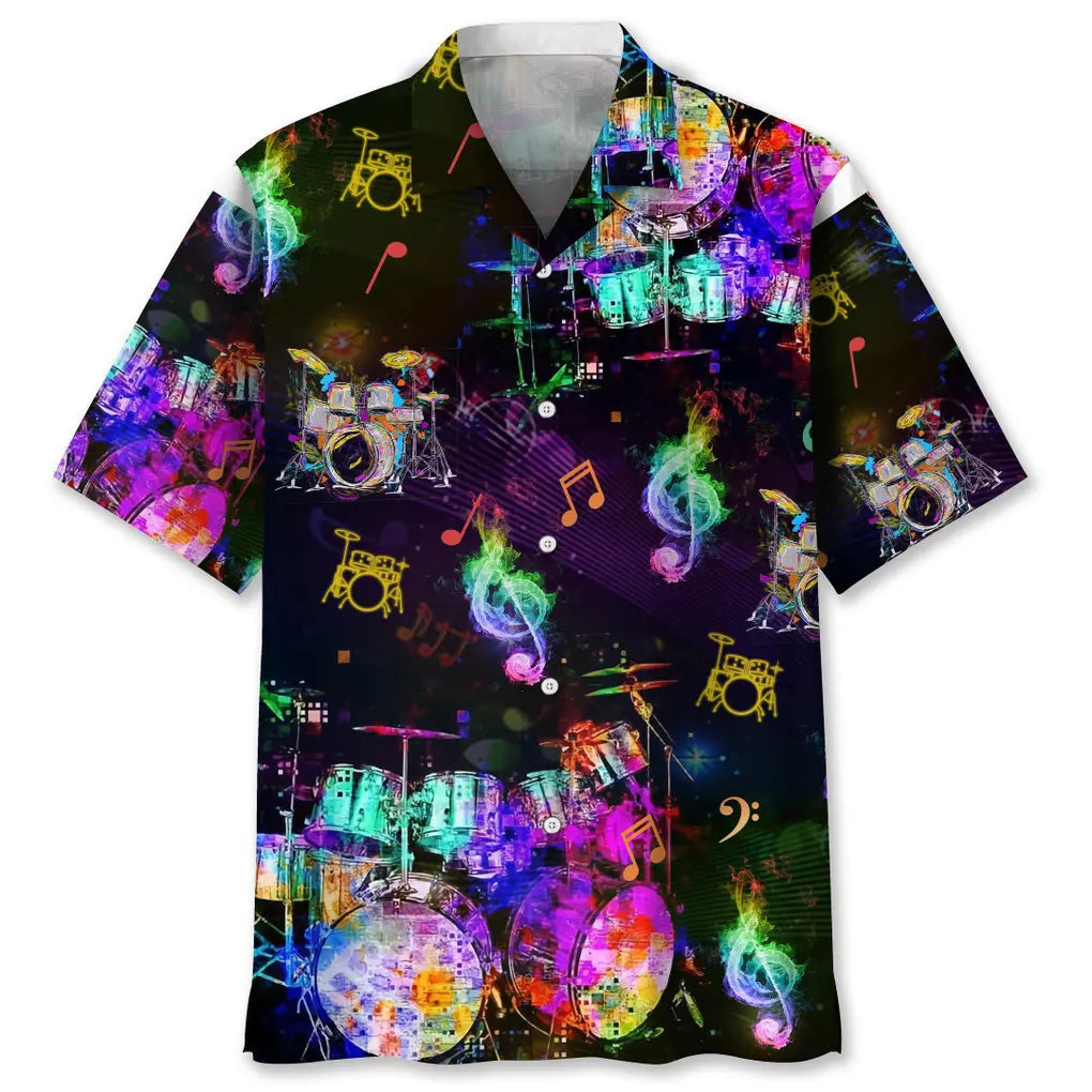 Colorful Drum Hawaiian Shirt For Tropical Holidays, Outdoor Gatherings, And Everyday Comfort