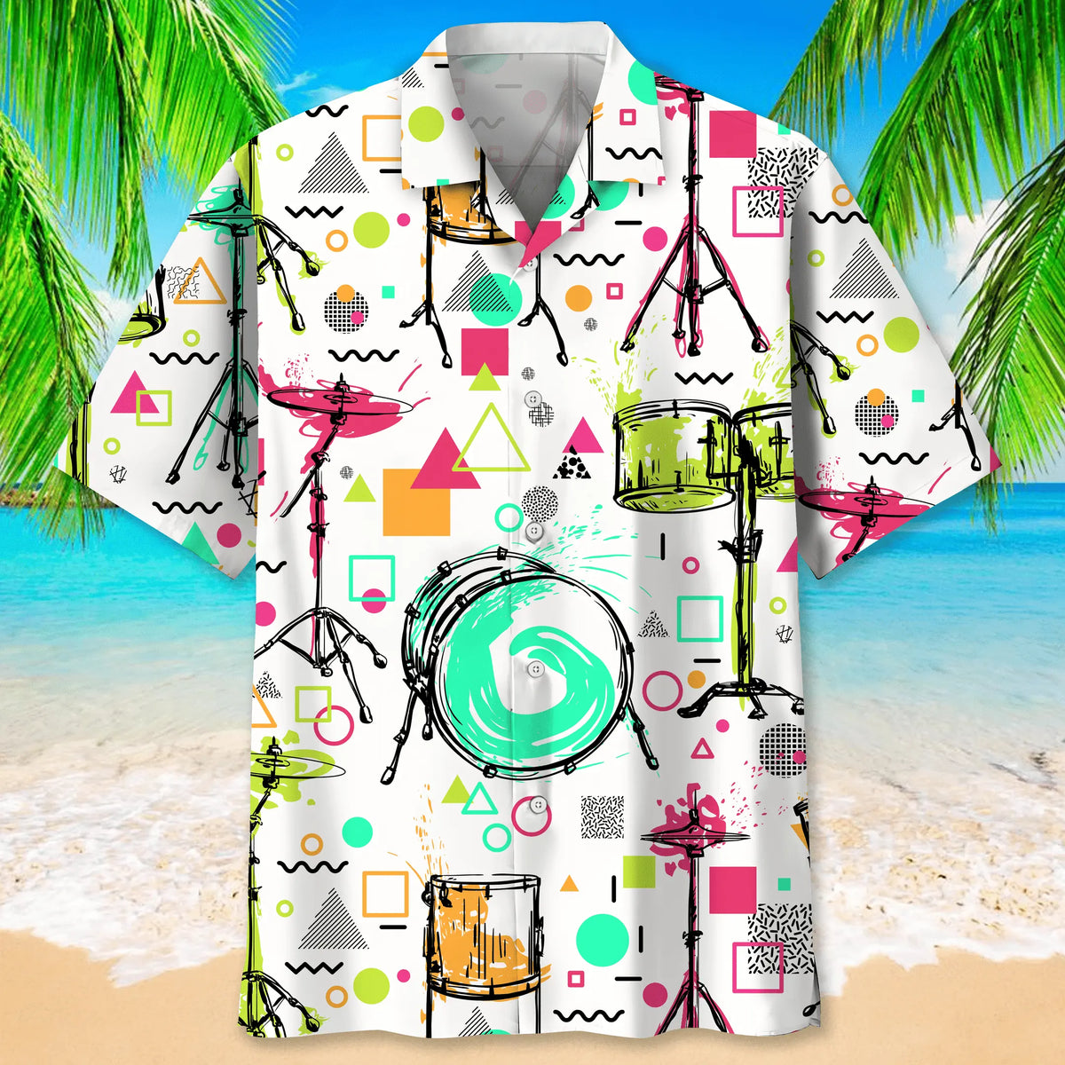 Colorful Drum Hawaiian Shirt For Island Vacations, Resort Wear, And Relaxed Seasonal Style
