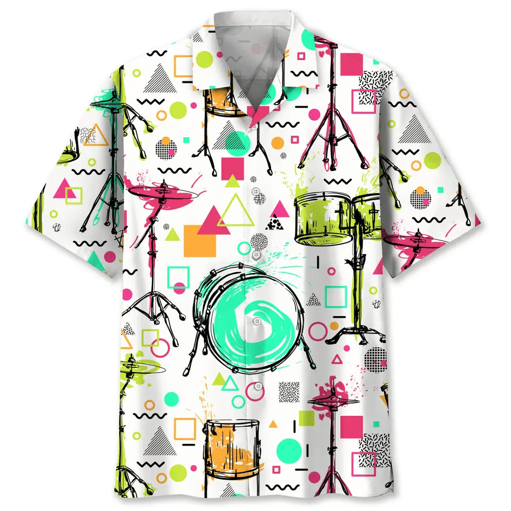 Colorful Drum Hawaiian Shirt For Island Vacations, Resort Wear, And Relaxed Seasonal Style
