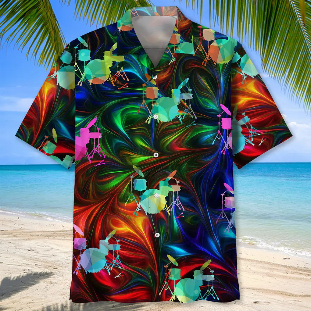 Colorful Drum Hawaiian Shirt For Coastal Travel, Casual Events, And Comfortable Summer Wear