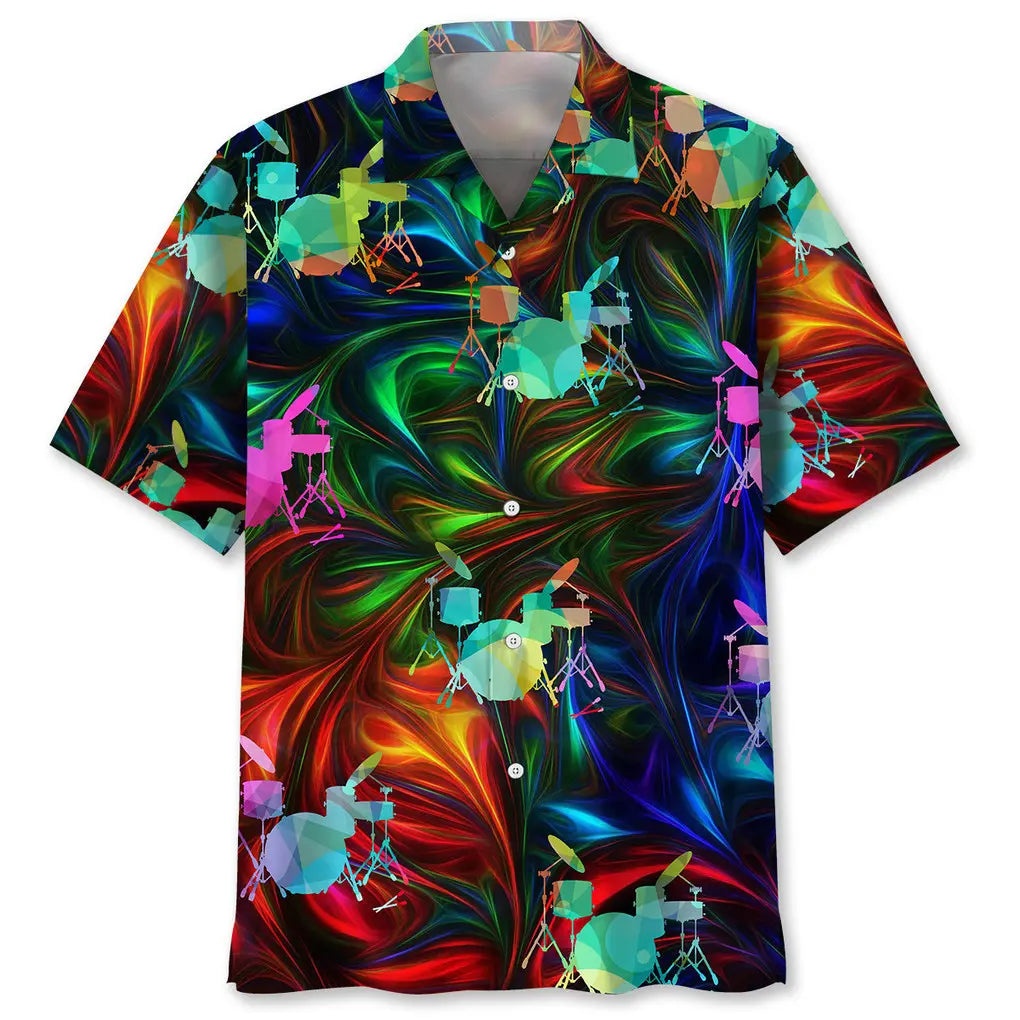Colorful Drum Hawaiian Shirt For Coastal Travel, Casual Events, And Comfortable Summer Wear