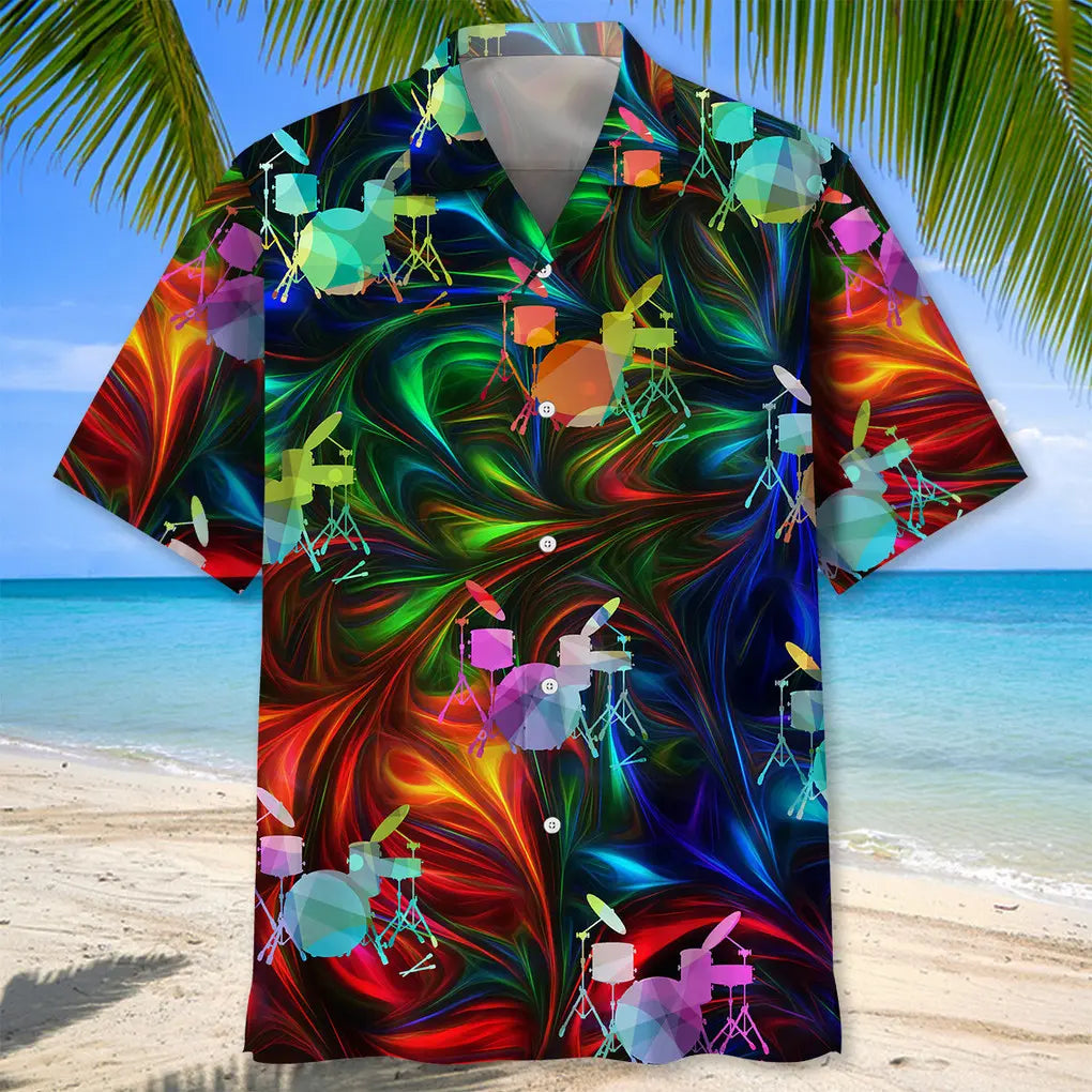 Colorful Drum Hawaiian Shirt For Beach Days, Summer Outings, And Thoughtful Gift Giving