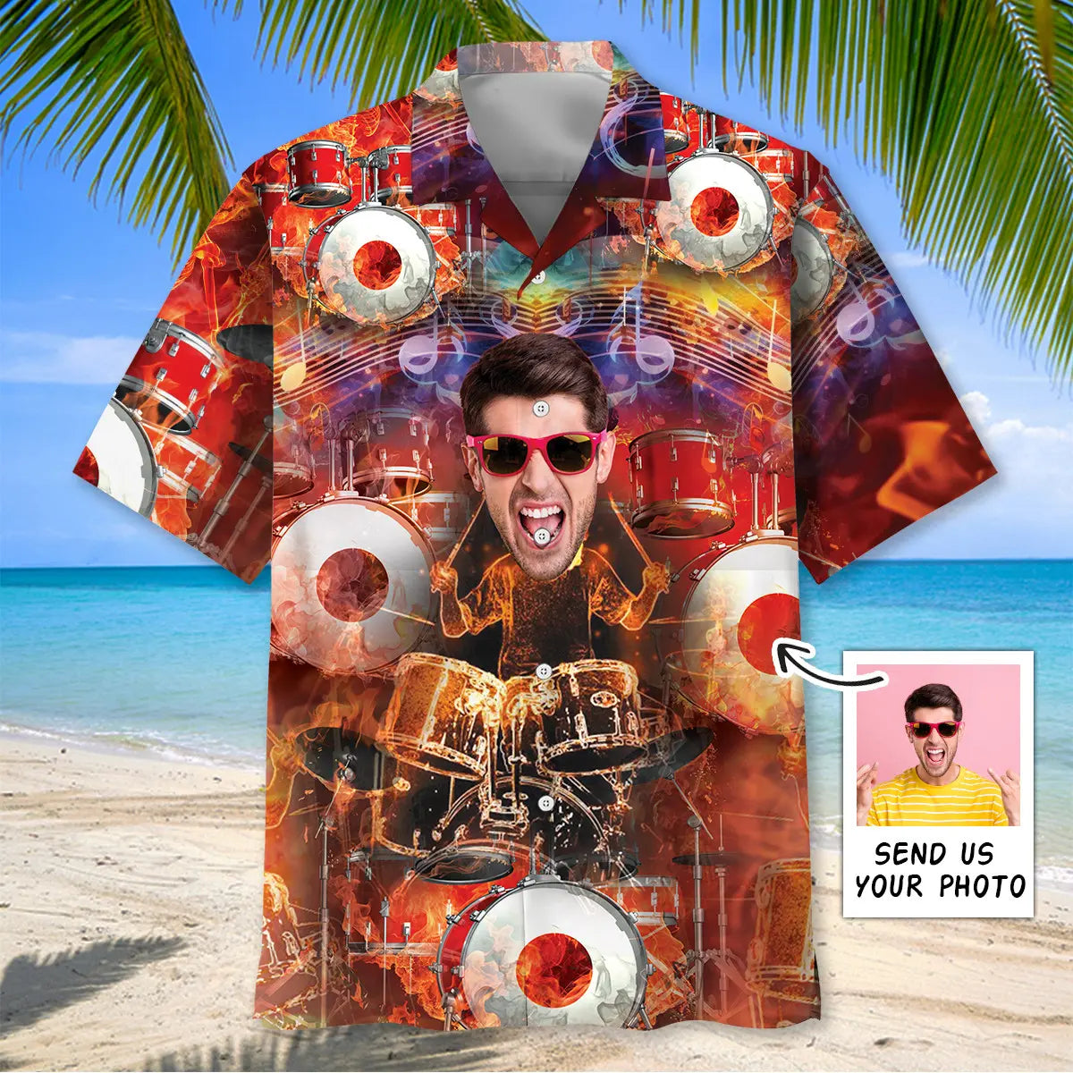 Drum Fire Personalized Photo Hawaiian Shirt For Concert Lovers, Tropical Holidays, And Thoughtful Gift Giving