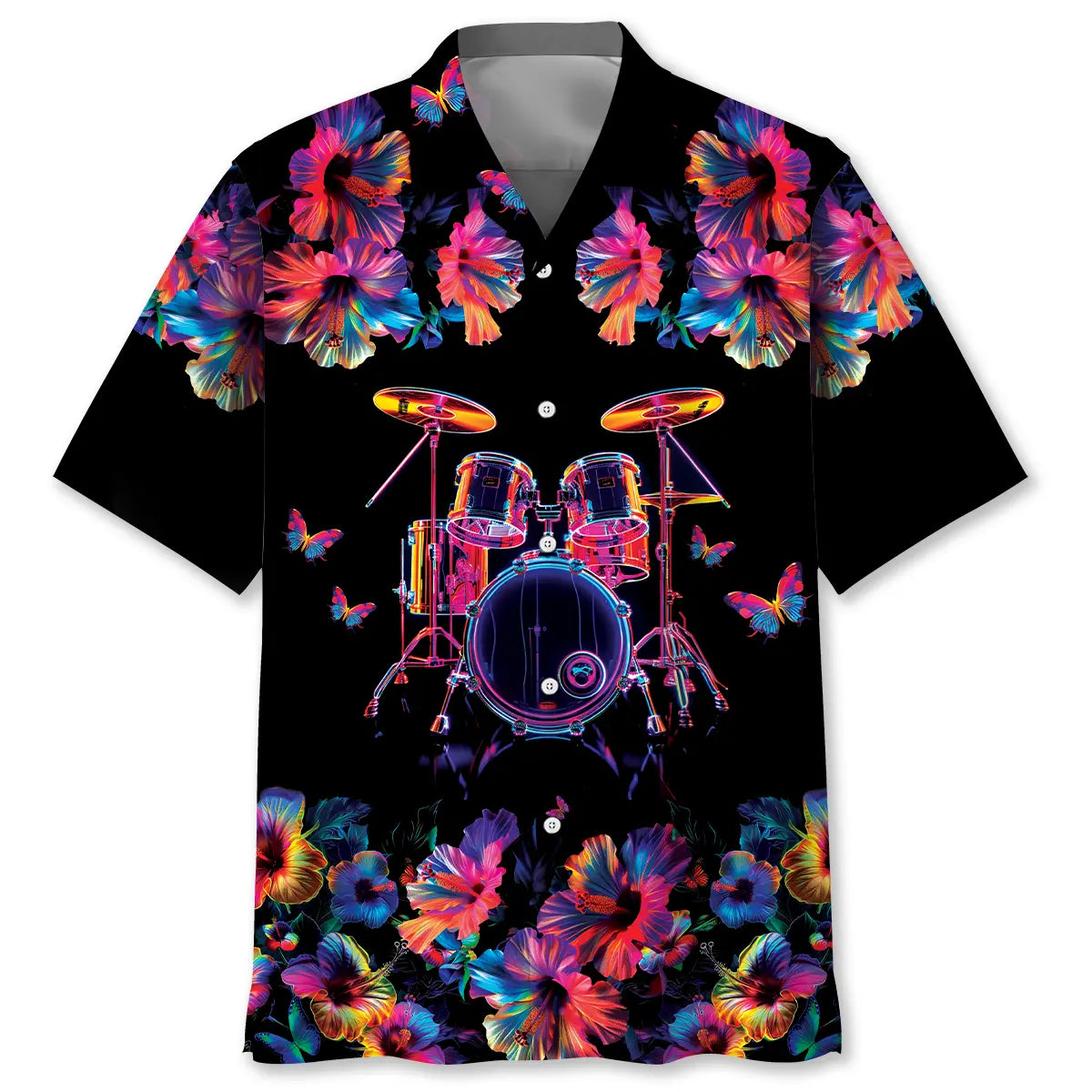 Neon Floral Drum Hibiscus Hawaiian Shirt For Resort Trips, Coastal Parties, And Warm Weather Style