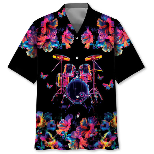 Neon Floral Drum Hibiscus Hawaiian Shirt For Resort Trips, Coastal Parties, And Warm Weather Style