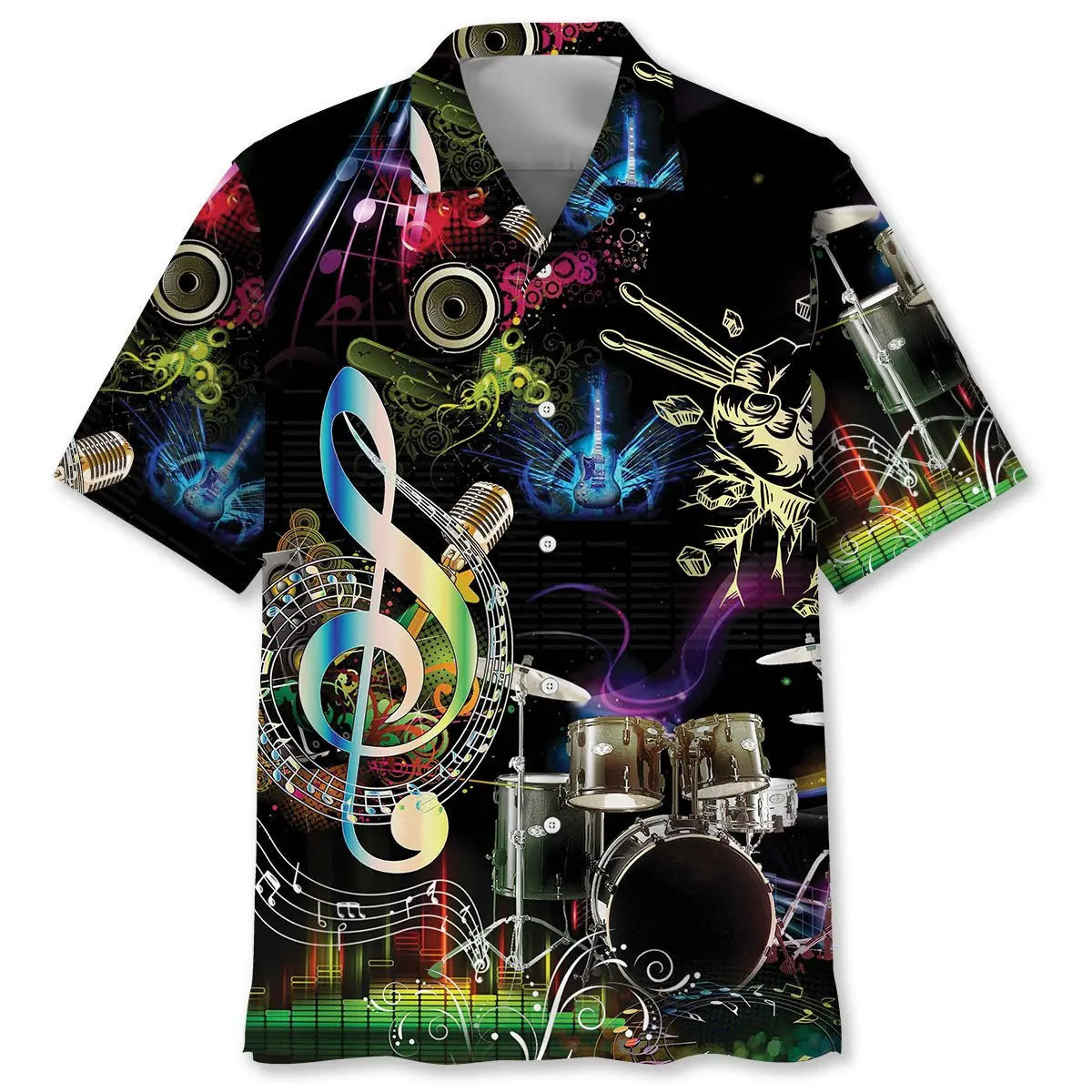 Neon Drum Light Hawaiian Shirt For Creative Performers, Coastal Trips, And Casual Everyday Wear