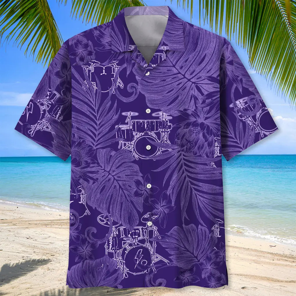 Tropical Drum Purple Hawaiian Shirt For Summer Vacation, Beach Travel, And Casual Wear