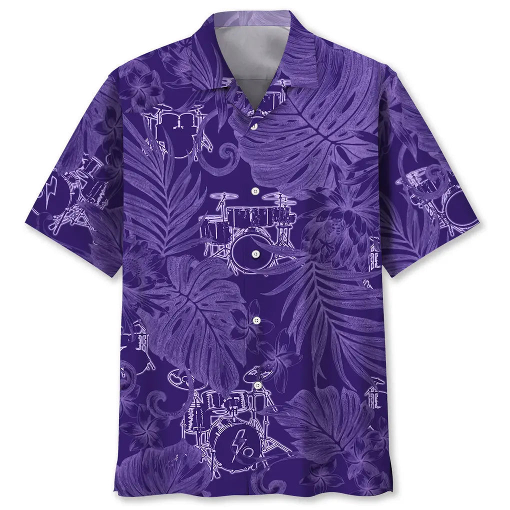 Tropical Drum Purple Hawaiian Shirt For Summer Vacation, Beach Travel, And Casual Wear
