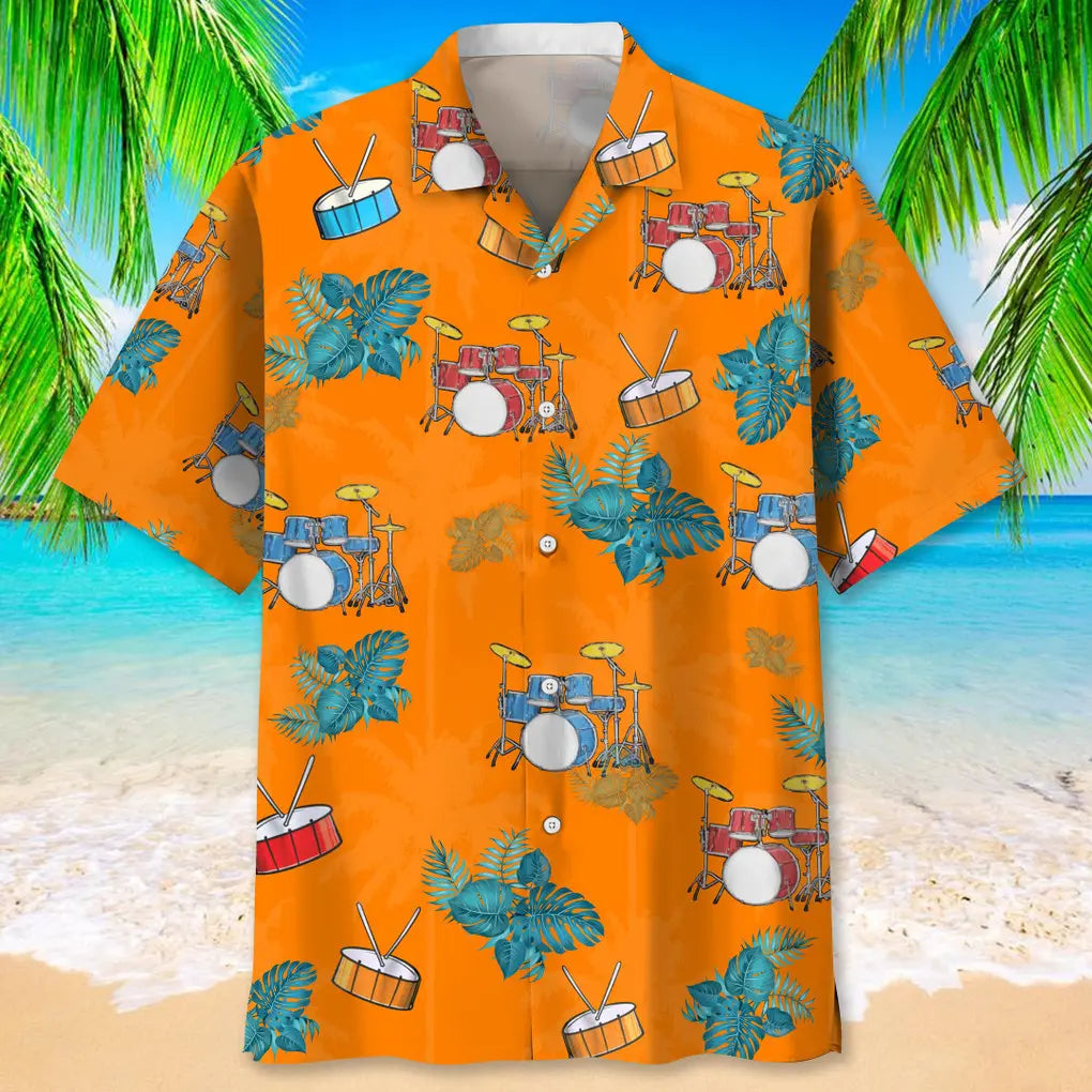 Tropical Drum Orange Hawaiian Shirt For Coastal Travel, Casual Events, And Comfortable Summer Wear