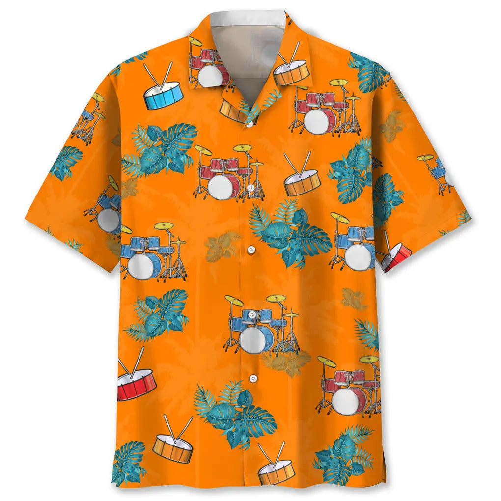 Tropical Drum Orange Hawaiian Shirt For Coastal Travel, Casual Events, And Comfortable Summer Wear
