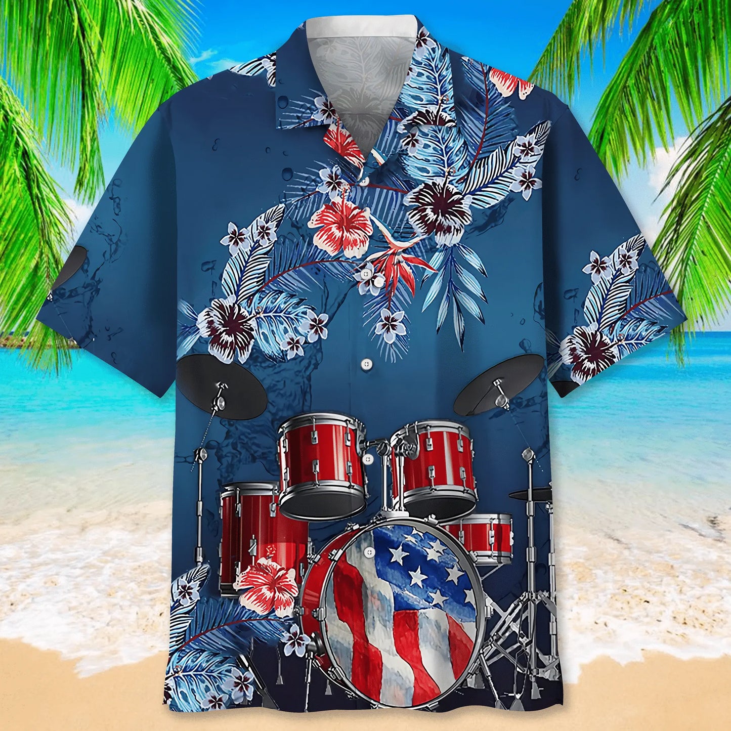 American Drum Hawaiian Shirt For Summer Celebrations, Resort Days, And Relaxed Everyday Wear