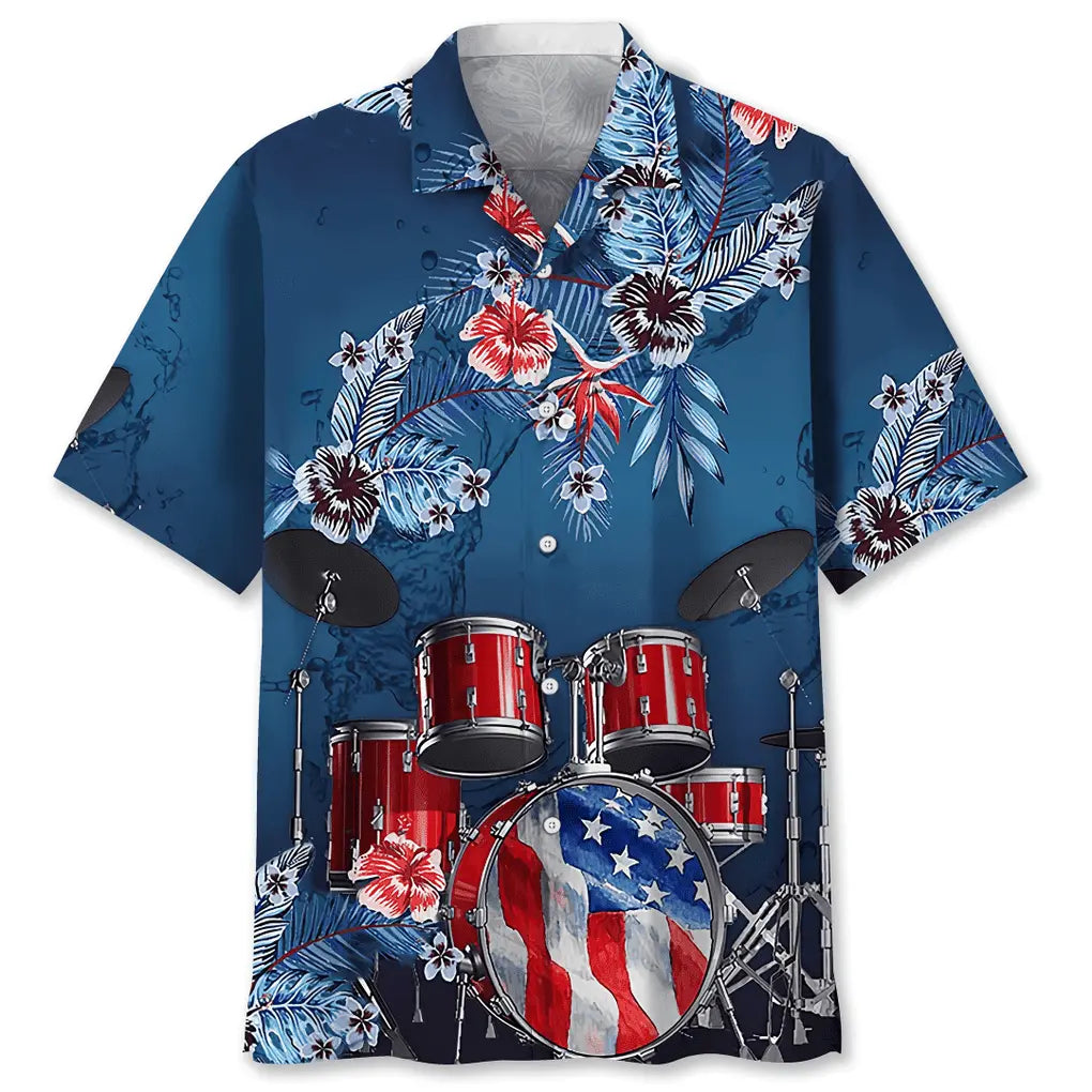 American Drum Hawaiian Shirt For Summer Celebrations, Resort Days, And Relaxed Everyday Wear