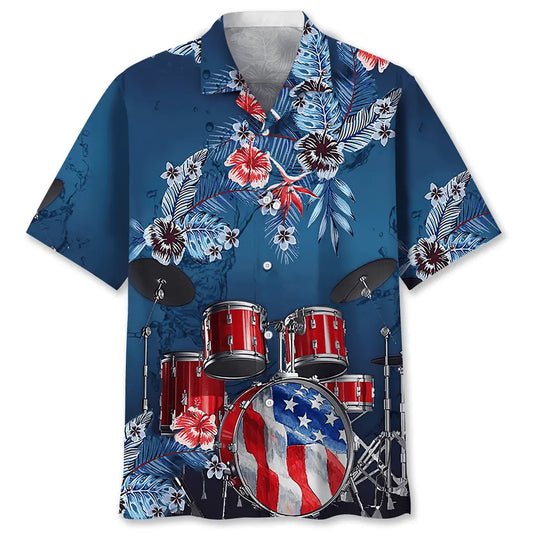American Drum Hawaiian Shirt For Summer Celebrations, Resort Days, And Relaxed Everyday Wear