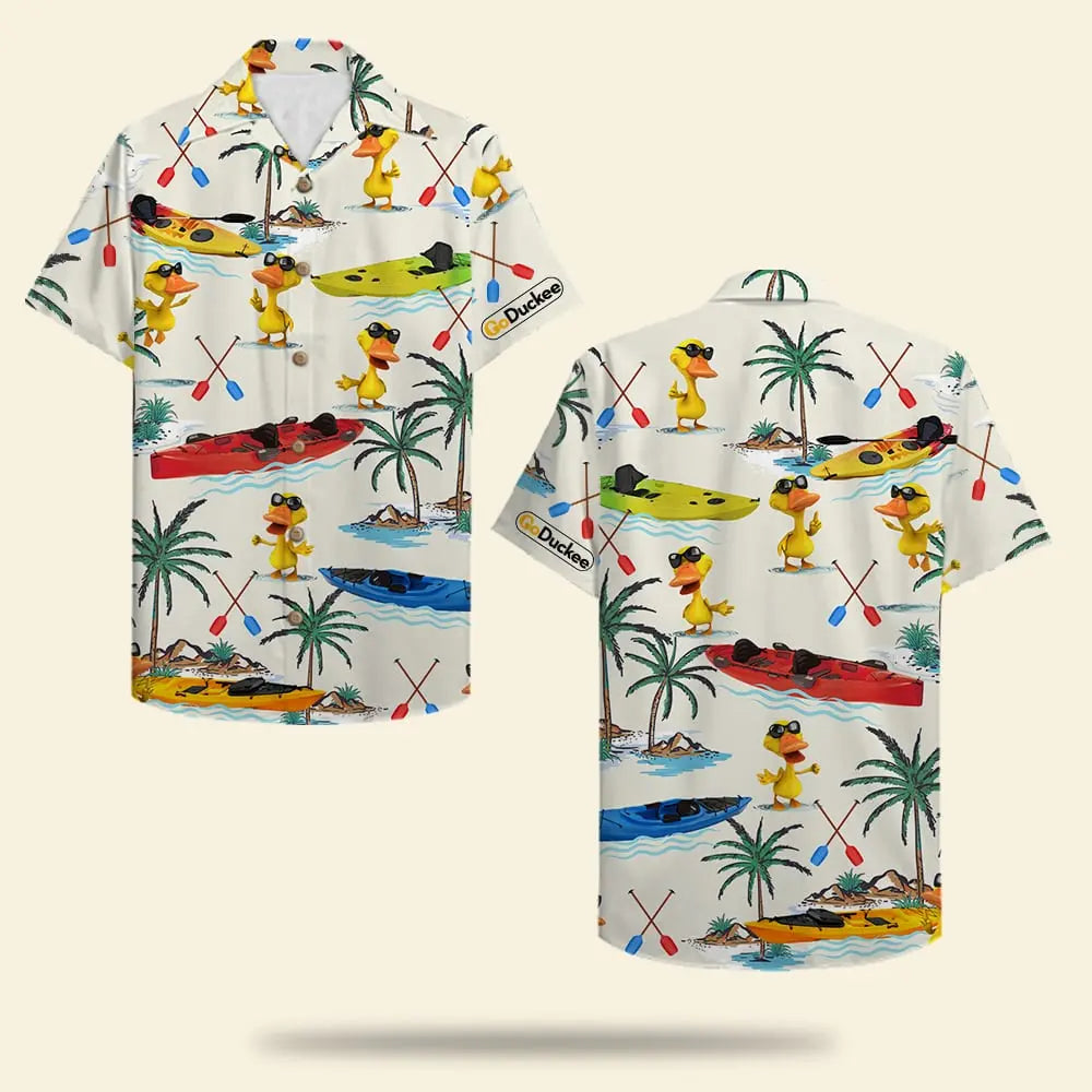 Island Duck Kayak Boat Pattern Aloha Hawaiian Shirt For Summer Vacation, Beach Travel, And Casual Wear