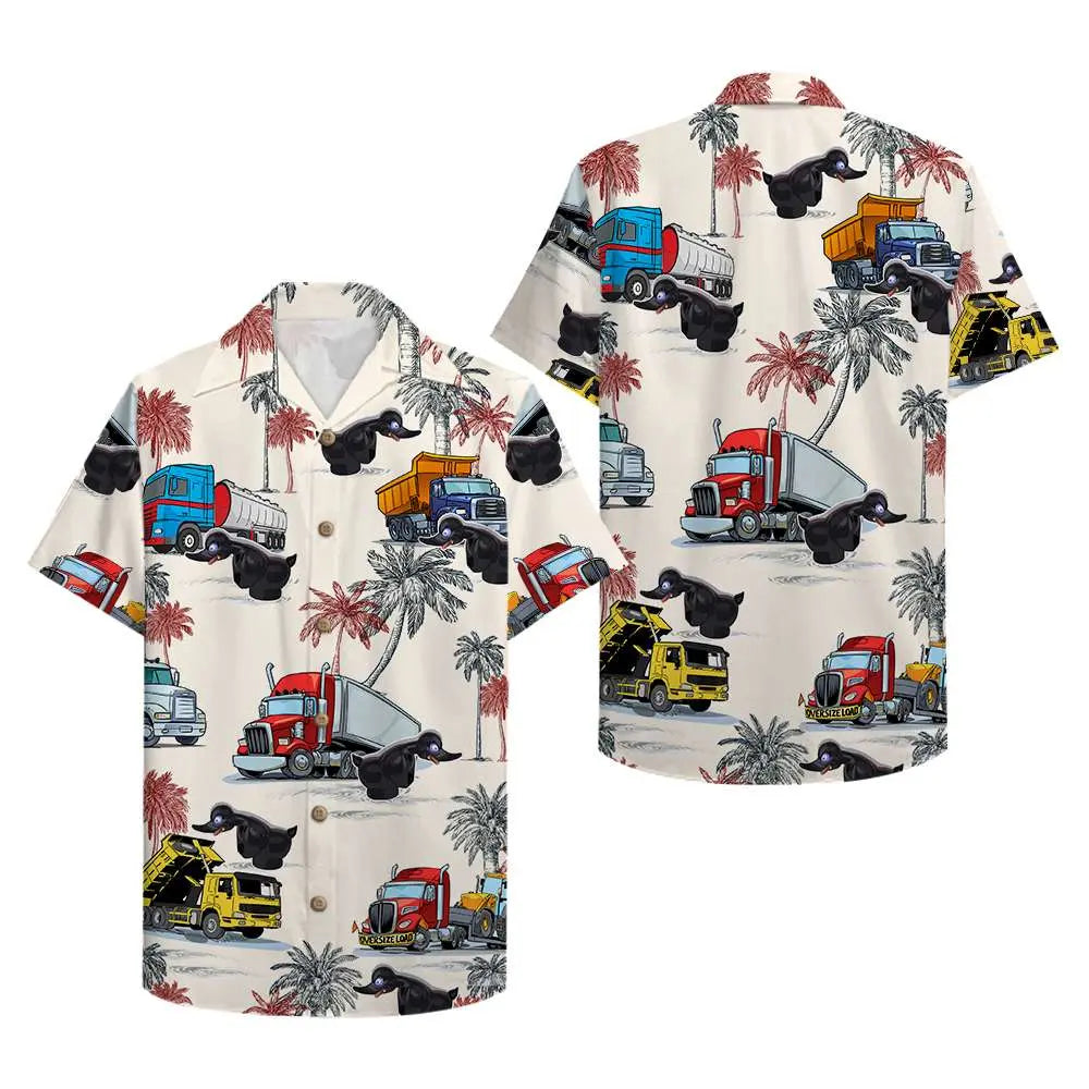 Island Duck Truck Pattern Aloha Hawaiian Shirt For Summer Vacation, Beach Travel, And Casual Wear