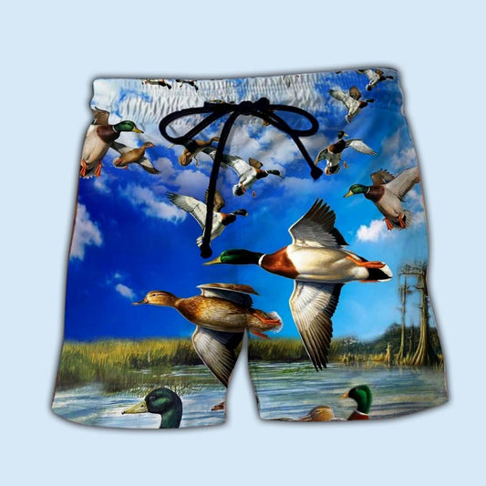 Freedom Flight Wild Duck Blue Sky Beach Shorts For Beach Trips And Relaxed Vacation Styling