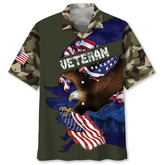 Patriotic Eagle Camouflage Hawaiian Shirt For Holiday Gatherings, Coastal Trips, And Proud Seasonal Style