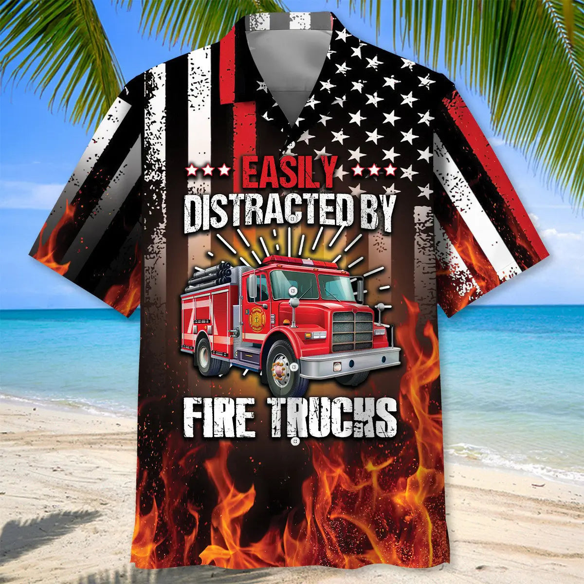 Easily Distracted Fire Trucks Hawaiian Shirt For Island Vacations, Resort Wear, And Relaxed Seasonal Style
