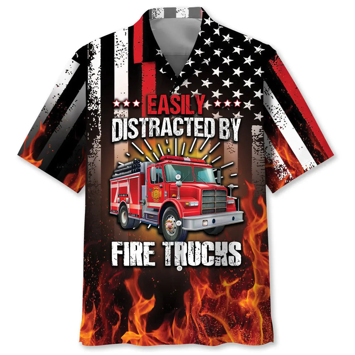 Easily Distracted Fire Trucks Hawaiian Shirt For Island Vacations, Resort Wear, And Relaxed Seasonal Style