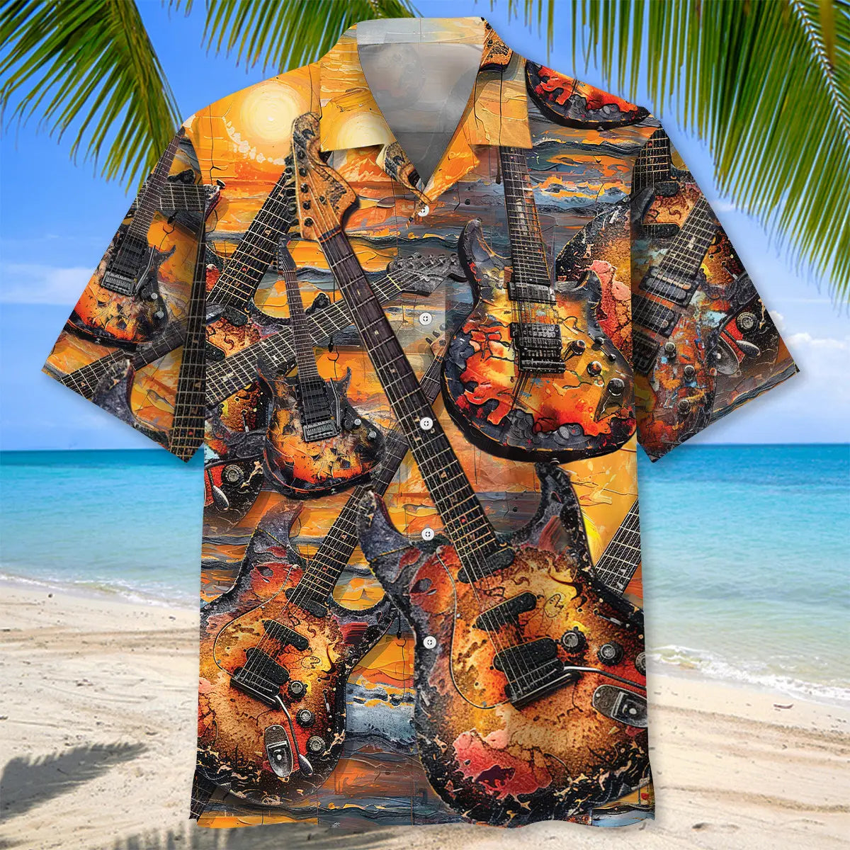 Electric Guitar Art Sunset Hawaiian Shirt For Resort Holiday, Island Getaway, And Thoughtful Gifting