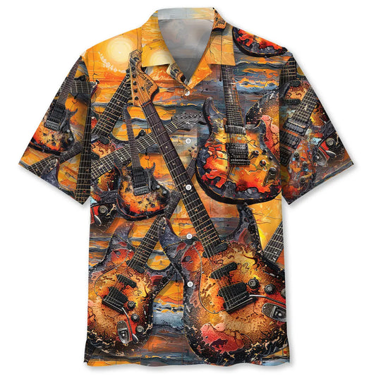 Electric Guitar Art Sunset Hawaiian Shirt For Outdoor Event And Weekend Wear