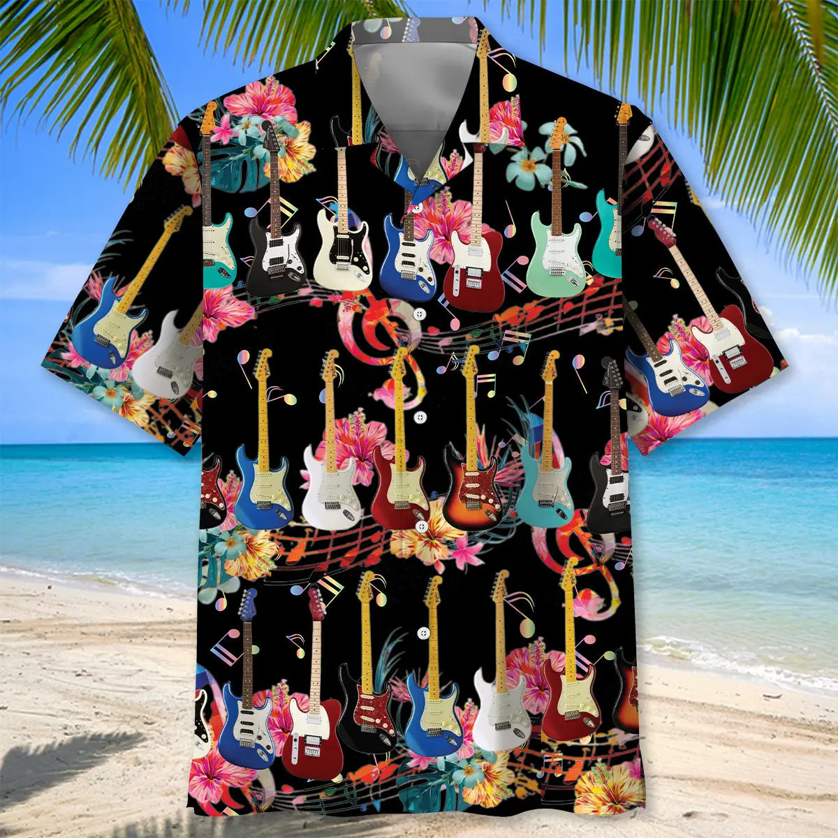 Electric Guitar Flower Hawaiian Shirt For Poolside Gathering, Cruise Journey, And Relaxed Resort Style