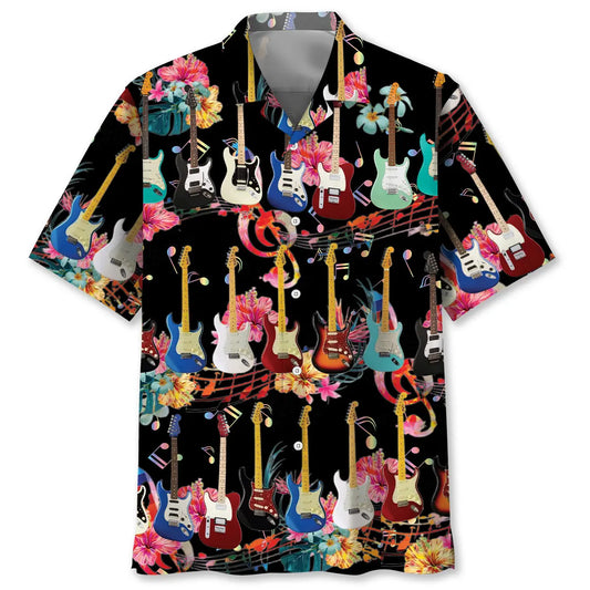 Electric Guitar Flower Hawaiian Shirt For Vacation Cruise, Resort Escape, And Summer Party Style