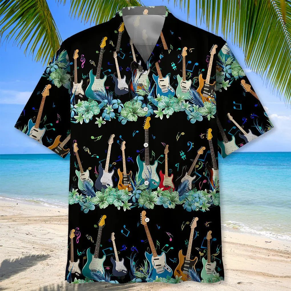 Electric Guitar Hawaiian Shirt For Festival Travel, Beach Gatherings, And Relaxed Summer Style