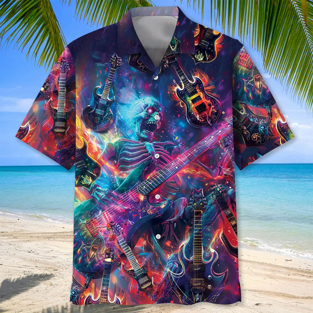 Electric Guitar Rock And Roll Skull Hawaiian Shirt For Cruise Journey, Tropical Retreat, And Relaxed Resort Style