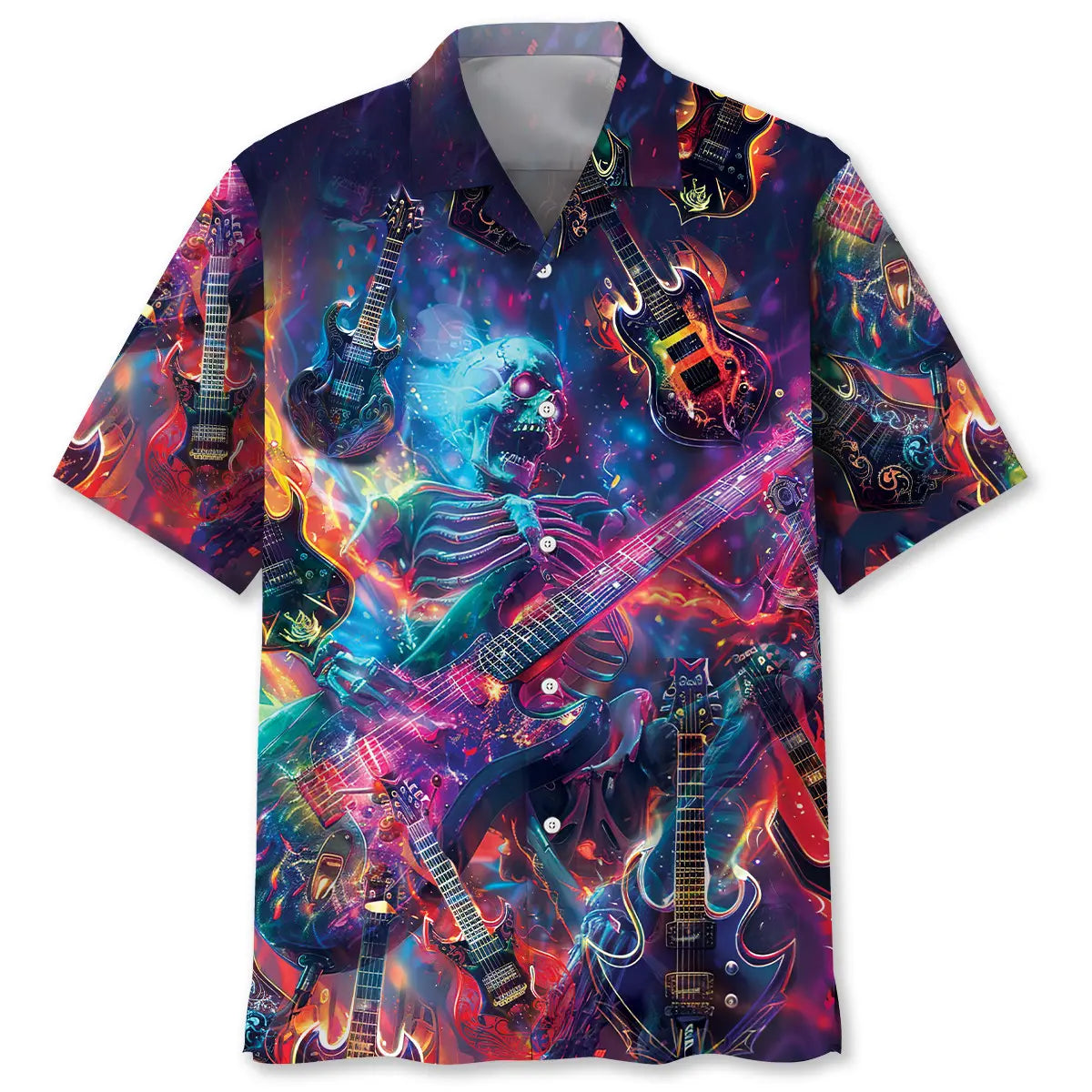 Electric Guitar Rock And Roll Skull Hawaiian Shirt For Coastal Festival And Summer Party Style