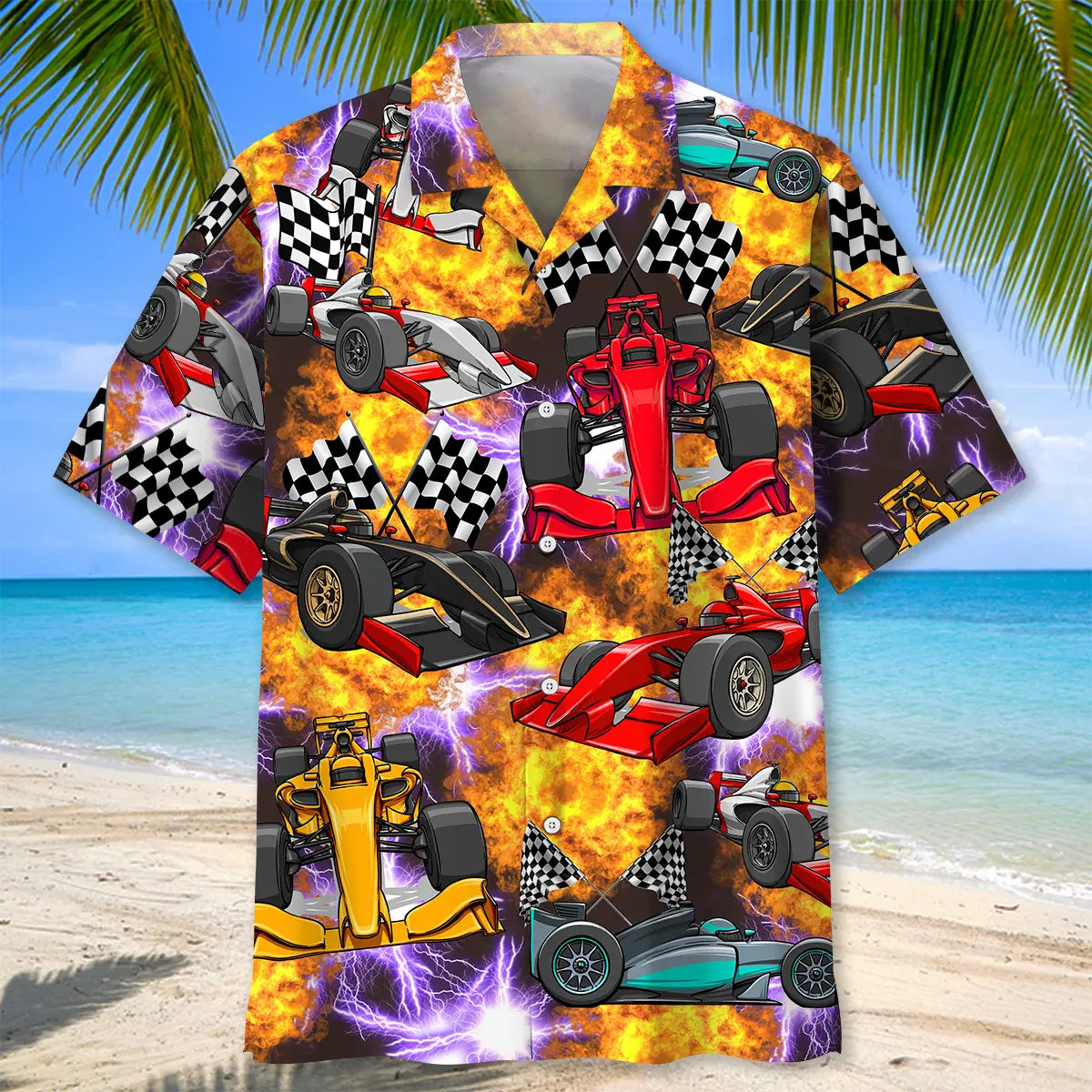 Colorful Open Wheel Racing Hawaiian Shirt For Motorsport Events, Beach Travel, And Thoughtful Gift Giving