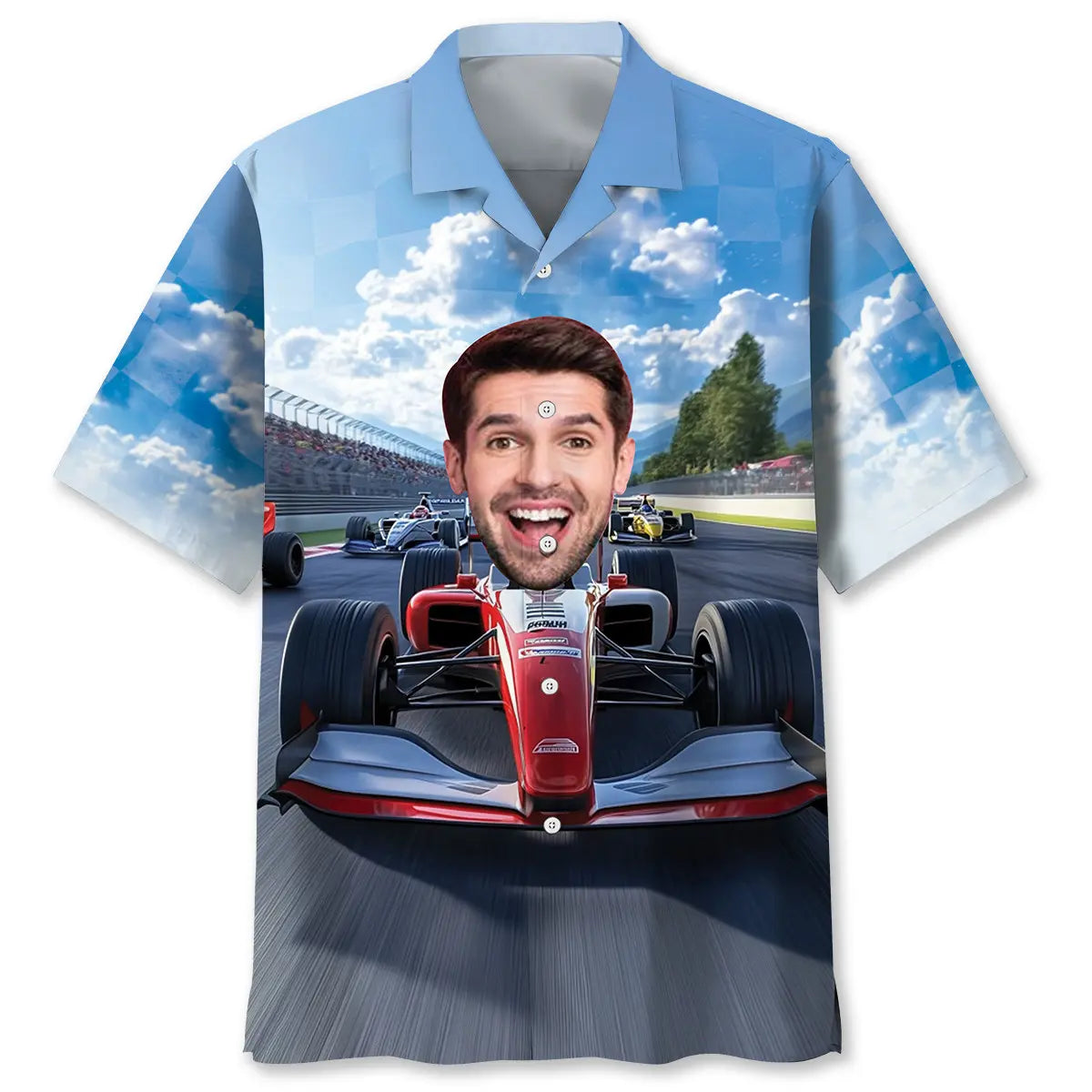 Open Wheel Racing Personalized Photo Face Hawaiian Shirt For Tropical Holidays, Outdoor Gatherings, And Everyday Comfort