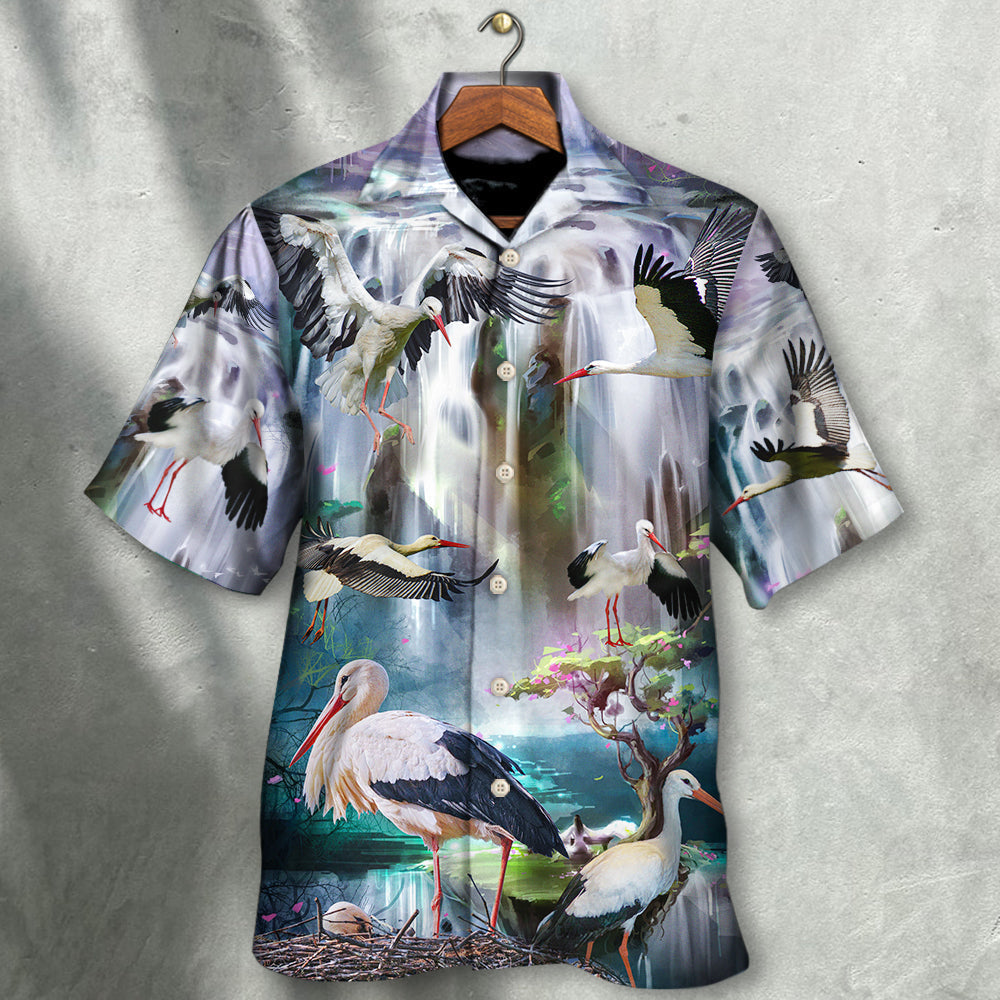 Dreamy Stork Bird Waterfall Hawaiian Shirt For Resort Getaways And Comfortable Summer Activities