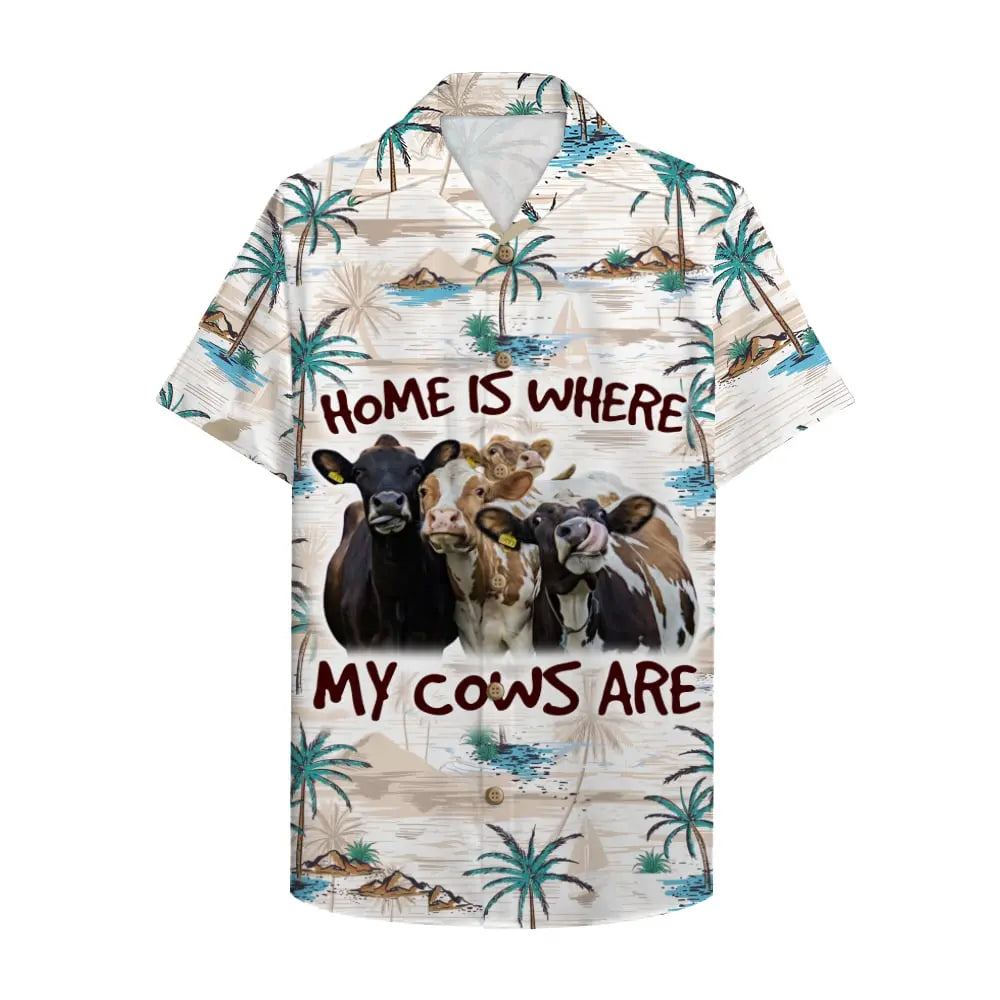 Island Home Cows Palm Tree Pattern Aloha Hawaiian Shirt For Tropical Holidays, Resort Trips, And Relaxed Coastal Style