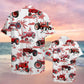 Island Summer Farmer Aloha Red Tractors Pattern Hawaiian Shirt For Summer Vacation, Beach Travel, And Casual Wear