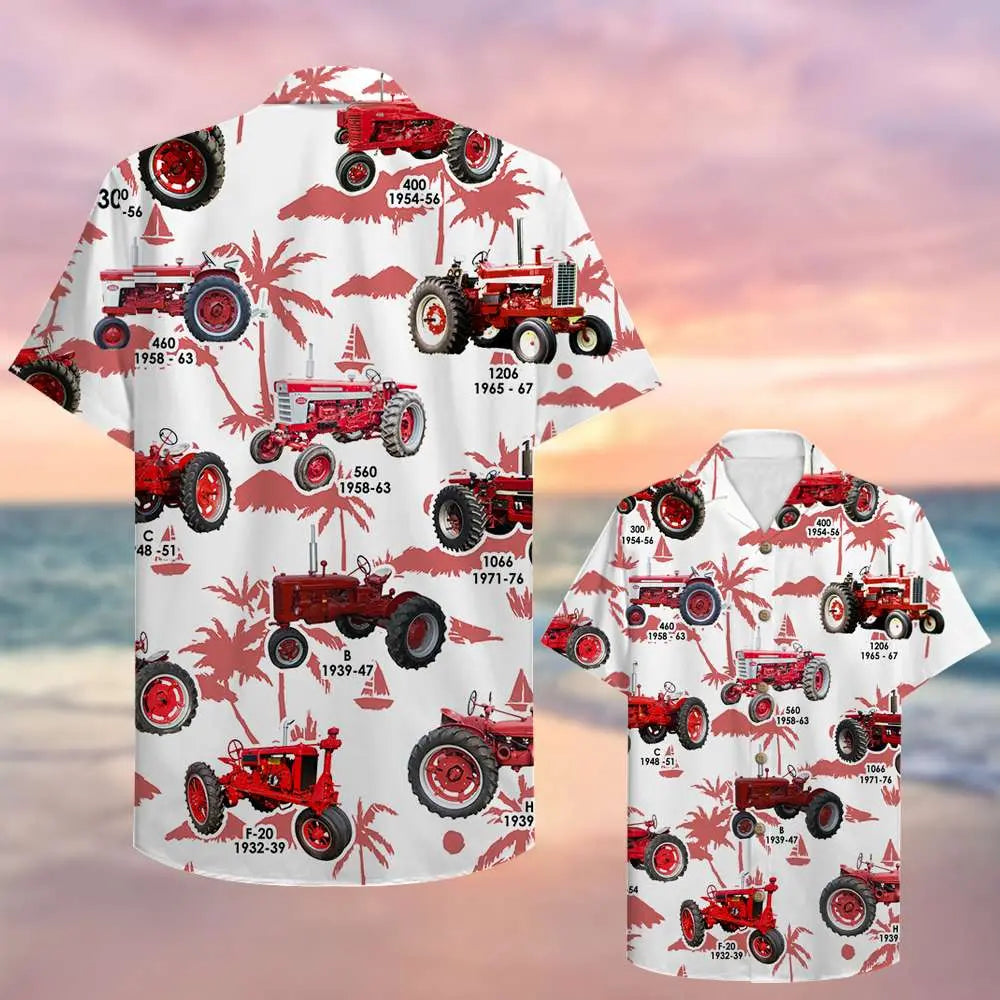 Island Summer Farmer Aloha Red Tractors Pattern Hawaiian Shirt For Summer Vacation, Beach Travel, And Casual Wear