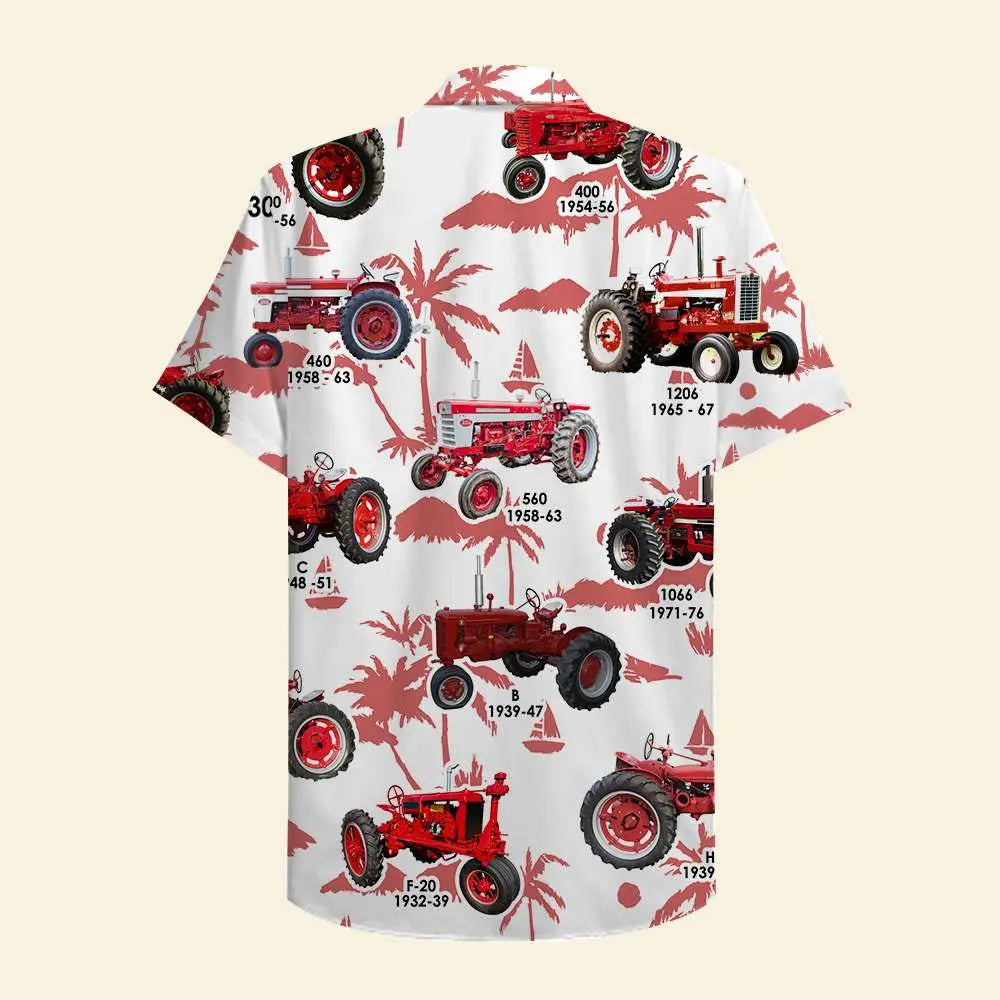 Island Summer Farmer Aloha Red Tractors Pattern Hawaiian Shirt For Summer Vacation, Beach Travel, And Casual Wear