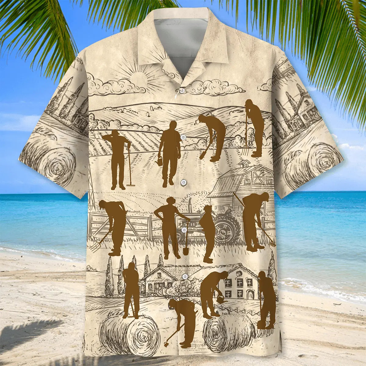 Vintage Farmer Hawaiian Shirt For Resort Trips, Coastal Parties, And Warm Weather Style
