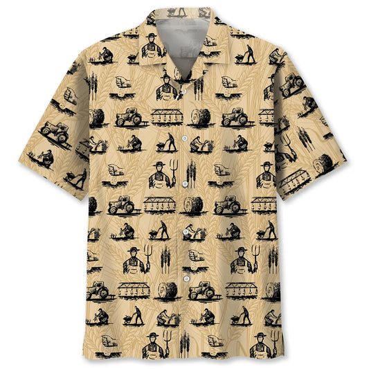 Vintage Farmer Hawaiian Shirt For Summer Vacation, Beach Travel, And Casual Wear