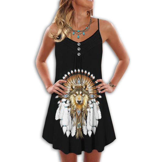 Native Wolf Peaceful Vibes – Women's Summer Sleeveless V-Neck Camisole Dress